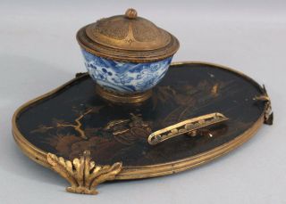 19thC Antique French Chinoiserie Coromandel Lacquer & Gilt Bronze Inkwell 3