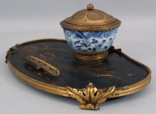 19thC Antique French Chinoiserie Coromandel Lacquer & Gilt Bronze Inkwell 4