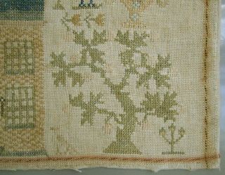 1851 ANTIQUE DUTCH CROSS STITCH SAMPLER NEEDLEWORK HOUSE ANGELS FLOWERS 10