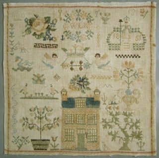 1851 Antique Dutch Cross Stitch Sampler Needlework House Angels Flowers