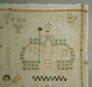 1851 ANTIQUE DUTCH CROSS STITCH SAMPLER NEEDLEWORK HOUSE ANGELS FLOWERS 4