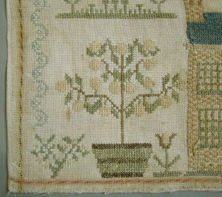 1851 ANTIQUE DUTCH CROSS STITCH SAMPLER NEEDLEWORK HOUSE ANGELS FLOWERS 7