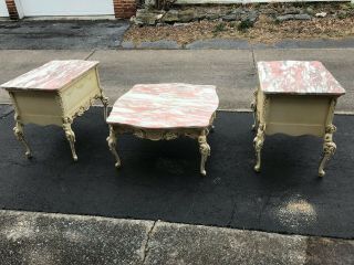 ANTIQUE VINTAGE FRENCH ITALIAN 3 PIECE MARBLE TOP CHERUB STAND COFFEE TABLE SET 12