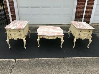 Antique Vintage French Italian 3 Piece Marble Top Cherub Stand Coffee Table Set