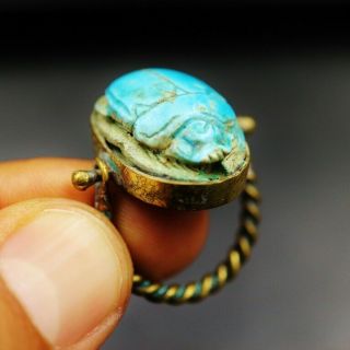 Unique Antique Copper Ring With Glazed Scarab Beetle Amulet Of Ancient Egyptian