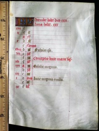 Medieval Illuminated Vellum Manuscript Lf,  Boh.  Calendar,  December,  Gold Init.  C.  1460