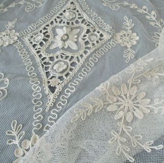 Vintage French Tambour Lace Bed Cover 95 " X 76 " Embroidered Flowers,  Openwork
