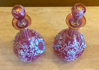 Antique LOBMEYR Cranberry AUSTRIAN ENAMELED Floral GLASS Dresser Perfume Bottles 12