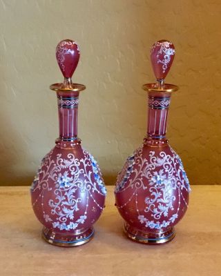 Antique Lobmeyr Cranberry Austrian Enameled Floral Glass Dresser Perfume Bottles