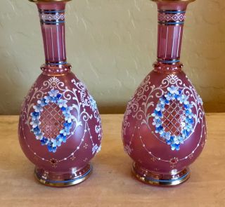 Antique LOBMEYR Cranberry AUSTRIAN ENAMELED Floral GLASS Dresser Perfume Bottles 2