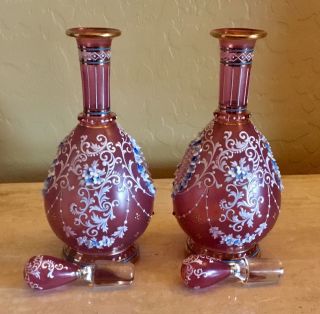Antique LOBMEYR Cranberry AUSTRIAN ENAMELED Floral GLASS Dresser Perfume Bottles 3