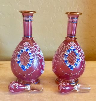 Antique LOBMEYR Cranberry AUSTRIAN ENAMELED Floral GLASS Dresser Perfume Bottles 4