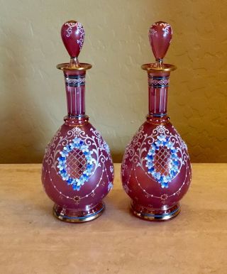 Antique LOBMEYR Cranberry AUSTRIAN ENAMELED Floral GLASS Dresser Perfume Bottles 7
