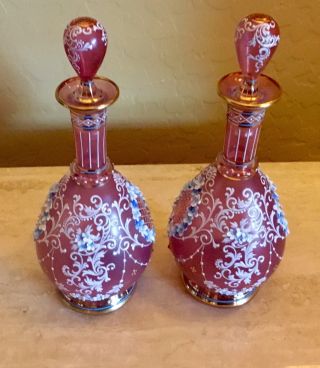 Antique LOBMEYR Cranberry AUSTRIAN ENAMELED Floral GLASS Dresser Perfume Bottles 9