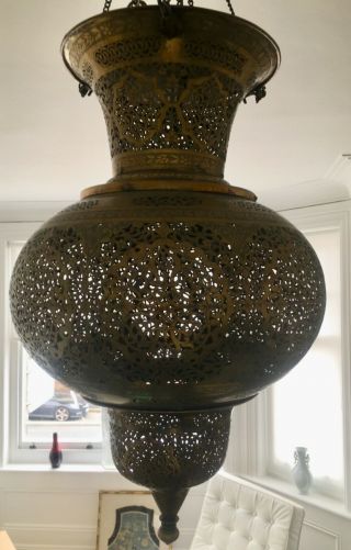 Early 20thC,  Islamic,  Middle Eastern,  pierced hanging brass Mosque lantern,  90cm 5