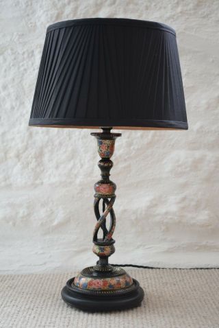 Vintage Hand Painted Kashmiri Table Lamp,  Black Lacquer,  With Lampshade,  Lighting,