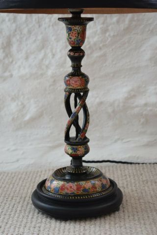 Vintage Hand Painted Kashmiri Table Lamp,  Black Lacquer,  With Lampshade,  Lighting, 3