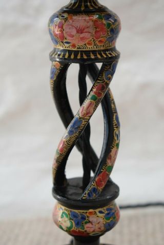 Vintage Hand Painted Kashmiri Table Lamp,  Black Lacquer,  With Lampshade,  Lighting, 4