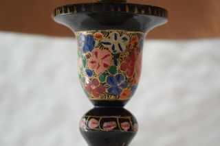 Vintage Hand Painted Kashmiri Table Lamp,  Black Lacquer,  With Lampshade,  Lighting, 8