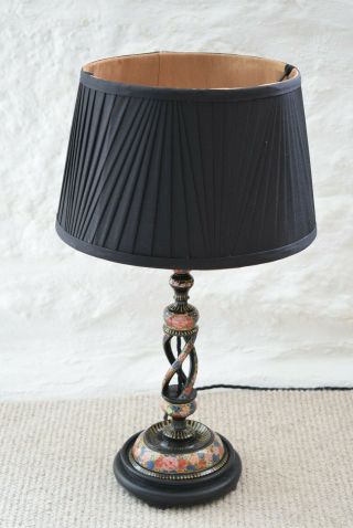 Vintage Hand Painted Kashmiri Table Lamp,  Black Lacquer,  With Lampshade,  Lighting, 9