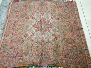 Antique French Paisley Kashmir Square Piano Shawl Wool Size 56 " X 56 Table Cover