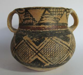 Chinese Neolithic Pottery 2 Handle Jar China Dynastic Painted Geometric Pottery