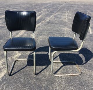Set 2 Mid Century Vintage Dinette Chairs Formica Black Vinyl Chrome Industrial