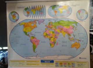 Nystrom Pull Down World Map & Usa School Vtg Classroom 2 In 1 Map 65w X 55h