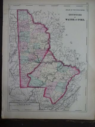 1872 Hand - Colored Map Of Pa/counties Of Wayne And Pike.