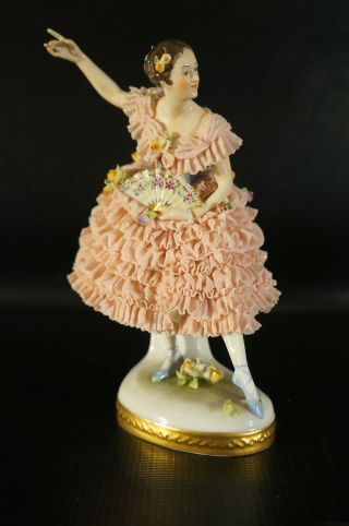 Antique Dresden Volkstedt Porcelain Figurine Woman Dencing With Fan On Hand.