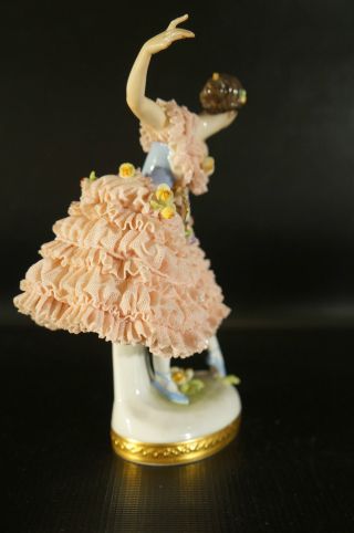 Antique Dresden VOLKSTEDT Porcelain Figurine Woman Dencing with Fan on Hand. 3