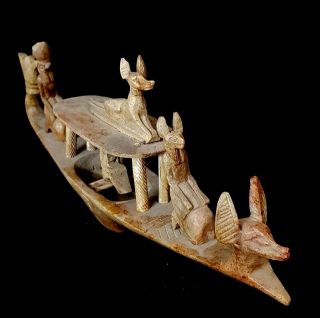 Egyptian Antique Funeral Afterlife Boat Anubis & Horus God W/t Hieroglyphics