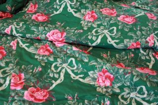 Antique French Green Pink Roses Bows Chintz Fabric Quilt Bedspread