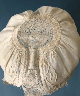 Rare - Antique Hollie Point needle lace baby bonnet COLLECTOR 5