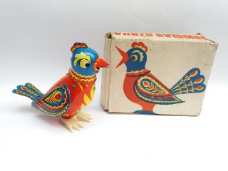 Vintage Rare Tin Mechanical Wind - Up Toy Bird Singing / Box