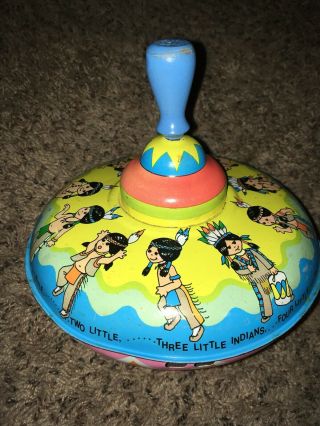 Rare Vintage 10 Little Indians Native American Children Antique Spin Top Toy Tin