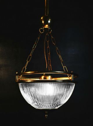 Vintage reclaimed 1950s Holophane and heavy brass ceiling lantern light pendant 12