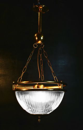 Vintage Reclaimed 1950s Holophane And Heavy Brass Ceiling Lantern Light Pendant
