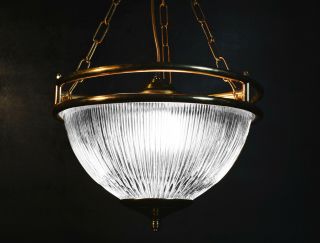Vintage reclaimed 1950s Holophane and heavy brass ceiling lantern light pendant 2