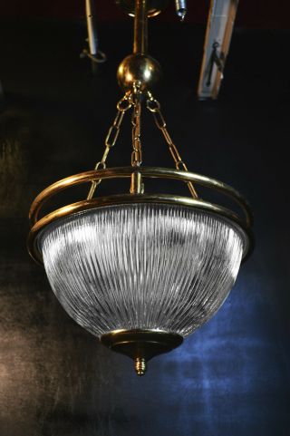 Vintage reclaimed 1950s Holophane and heavy brass ceiling lantern light pendant 3
