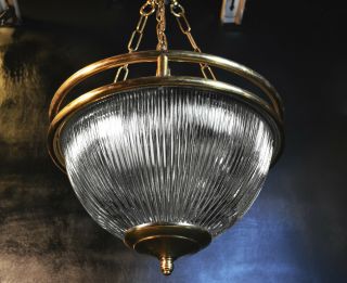 Vintage reclaimed 1950s Holophane and heavy brass ceiling lantern light pendant 8
