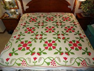 Antique Civil War 1860s Whig Rose Berry Vines Album Pa Applique Bedspread Quilt