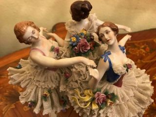 Antique German 3 Ballerinas Dresden Sitzendorf Porcelain Figure Figurine 3