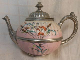 Great Antique Graniteware & Nickel Over Brass Teapot With Cattail Decoration