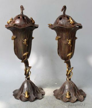 11 " China Buddhism Temple Copper Lotus Leaf Frog Incense Burner A Pair