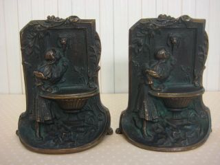 Vintage Solid Bronze Art Deco Bookends,  Fugural Girl At The Well Statue,  5 1/4 "