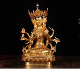 9 " Asian Antique Tibetan Buddhism Copper Gilt Hand Painting Namgyalma Statue