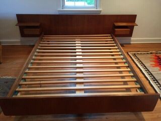 Danish Modern Queen Bed Frame With Floating Nightstands And Drawers