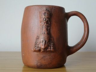 C.  20th - Vintage Aztec Mayan Red Clay Pottery Mug Cup Stein Pre Columbian Style