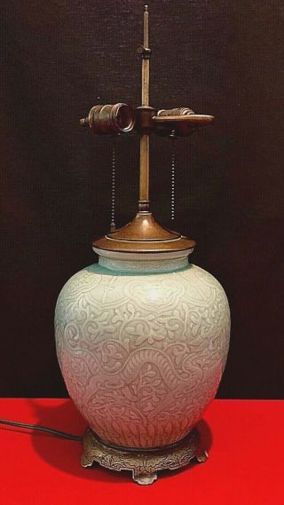 Antique Chinese Celadon Porcelain Vase Lamp Signed